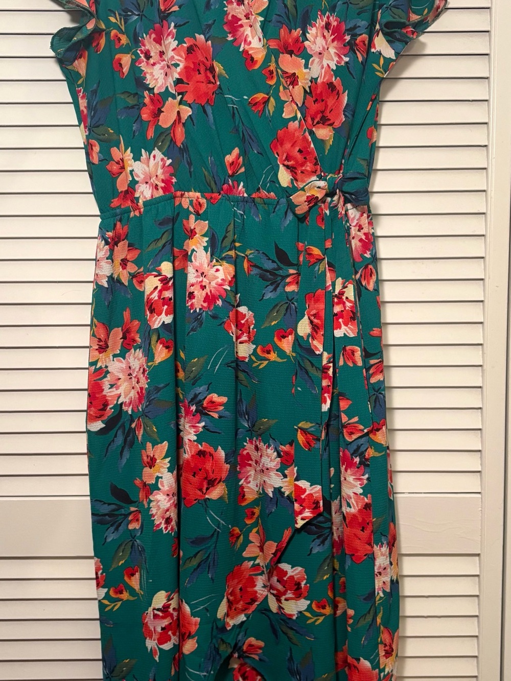 Teal Floral High-Low Dress with Coral Blooms